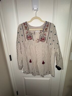 Johnny Was Workshop Embroidered Striped Tunic Top Boho Tassel XL